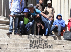 Statements were found spray-painted on the Wits Great Hall stairs on Friday morning. Photo: Luke Matthews